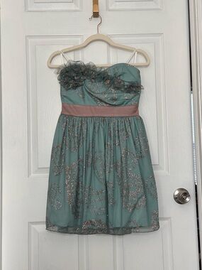 Girls'/Juniors Mint Green Aqua Glitter Dress Silver Sparkle & Waistband Sz:7 NWT